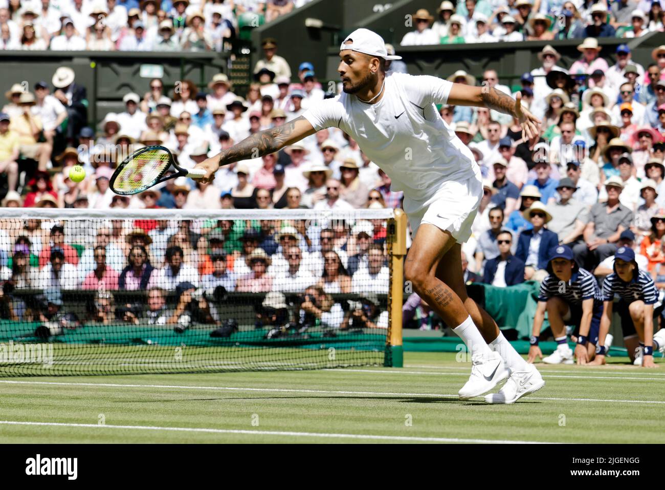 London, UK, 10th July 2022: Nick Kyrgios from Australia is in action during the men´s final at the 2022 Wimbledon Championships at the All England Lawn Tennis and Croquet Club in London. Credit: Frank Molter/Alamy Live news Stock Photo