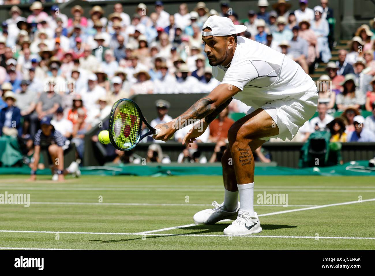 London, UK, 10th July 2022: Nick Kyrgios from Australia is in action during the men´s final at the 2022 Wimbledon Championships at the All England Lawn Tennis and Croquet Club in London. Credit: Frank Molter/Alamy Live news Stock Photo