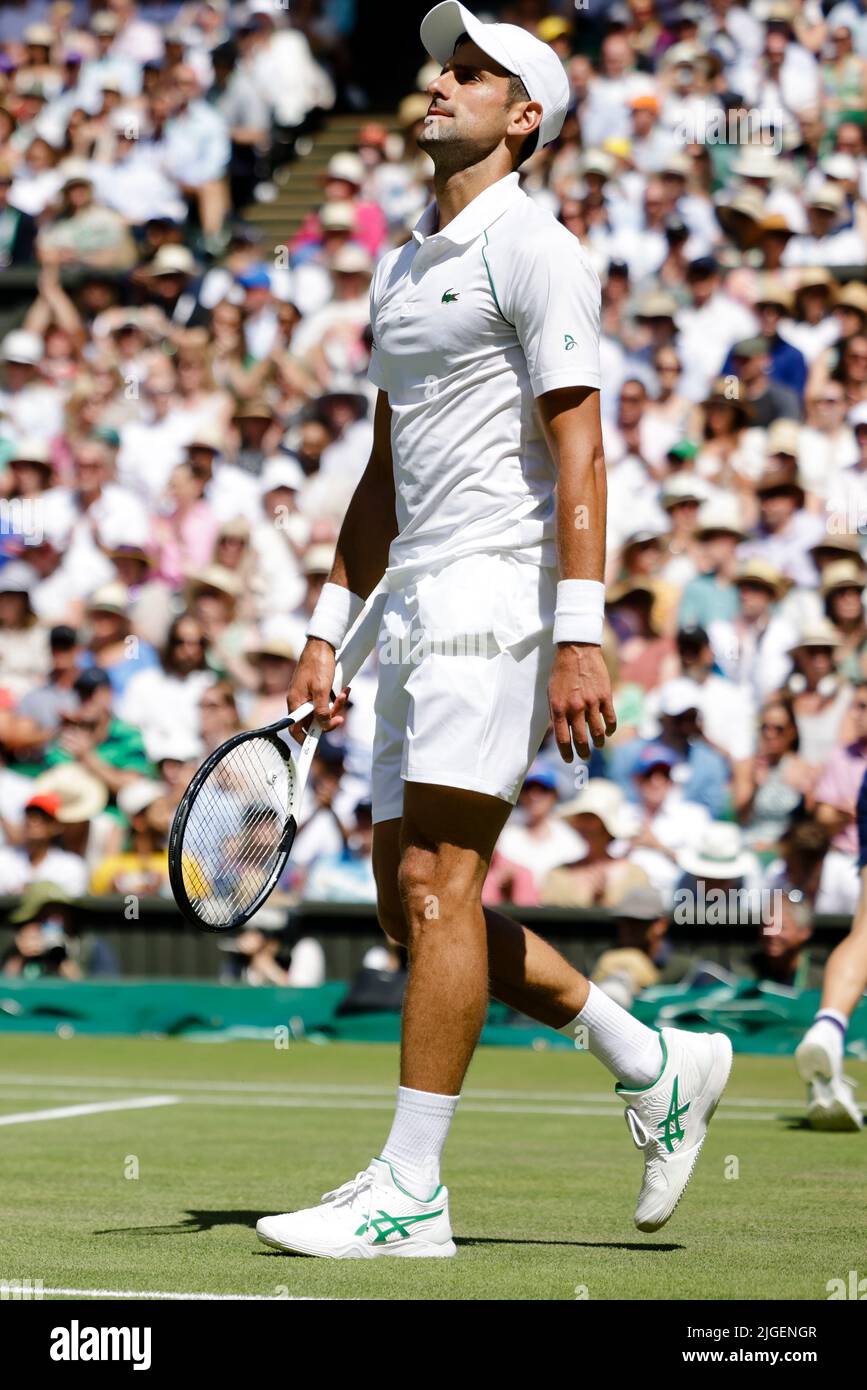 London, UK, 10th July 2022: Novak Djokovic is in action during the men´s final at the 2022 Wimbledon Championships at the All England Lawn Tennis and Croquet Club in London. Credit: Frank Molter/Alamy Live news Stock Photo