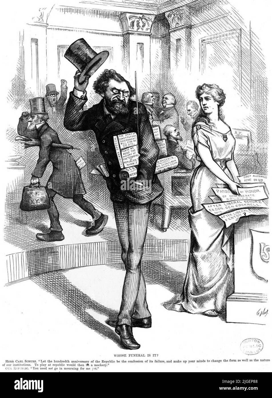 U.S. exSenator from Missouri Carl Schurz tips his hat to a womanly