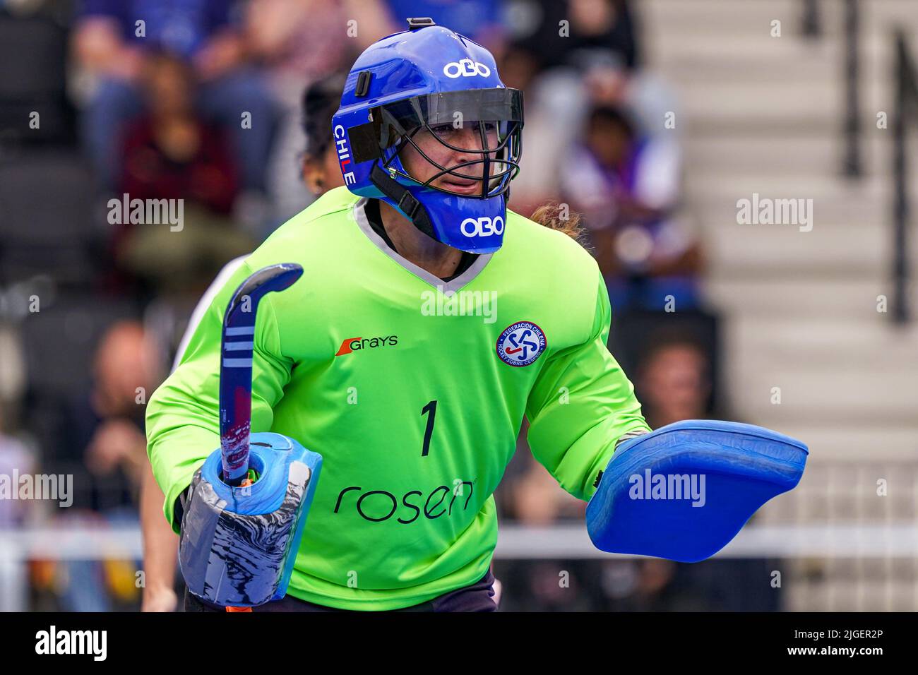 AMSTELVEEN, NETHERLANDS - JULY 10: Goalkeeper Claudia Schuler of Chile during the FIH Hockey Women's World Cup 2022 match between China and Chile at the Wagener Hockey Stadium on July 10, 2022 in Amstelveen, Netherlands (Photo by Jeroen Meuwsen/Orange Pictures) Stock Photo