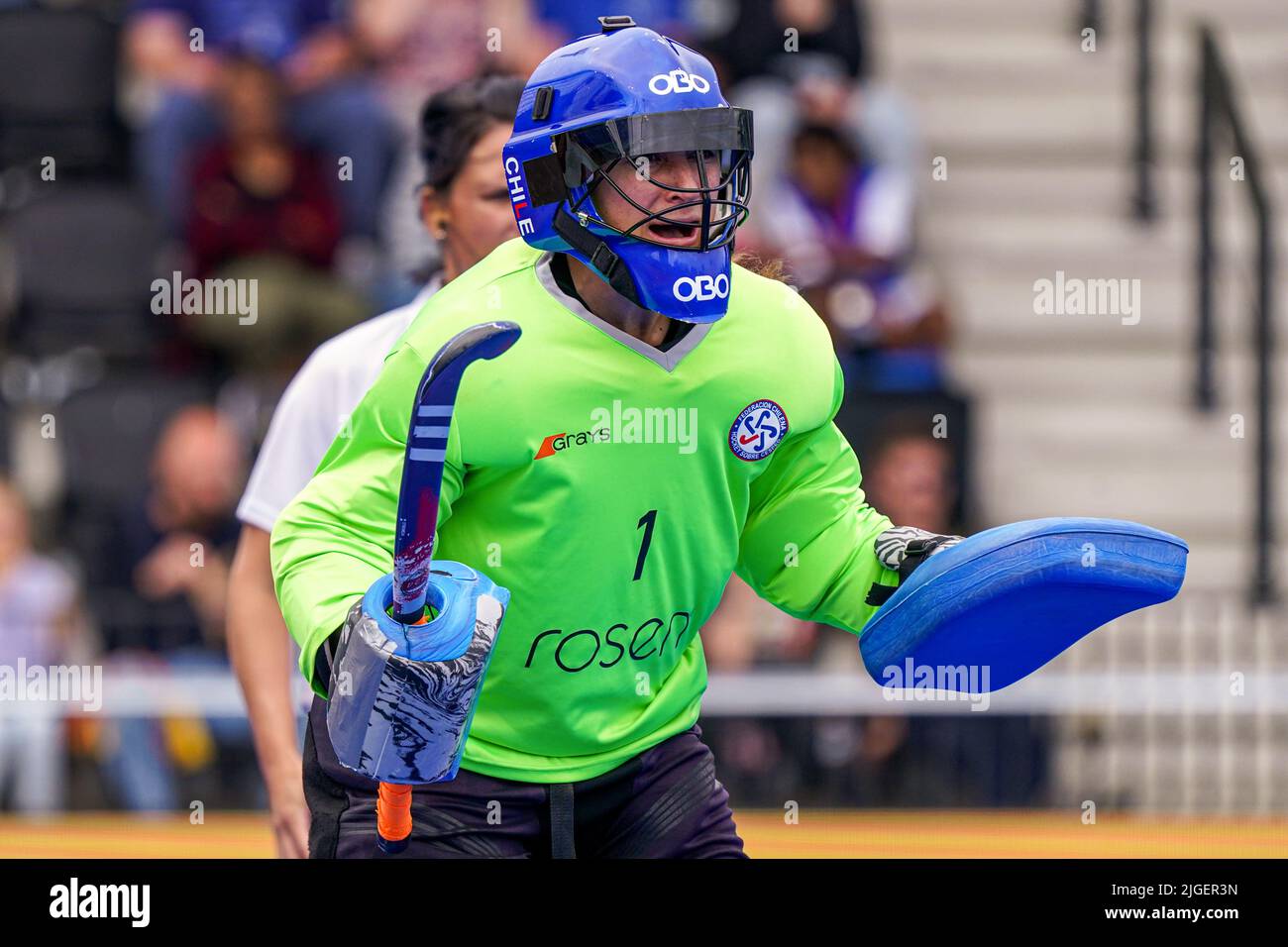 AMSTELVEEN, NETHERLANDS - JULY 10: Goalkeeper Claudia Schuler of Chile during the FIH Hockey Women's World Cup 2022 match between China and Chile at the Wagener Hockey Stadium on July 10, 2022 in Amstelveen, Netherlands (Photo by Jeroen Meuwsen/Orange Pictures) Stock Photo