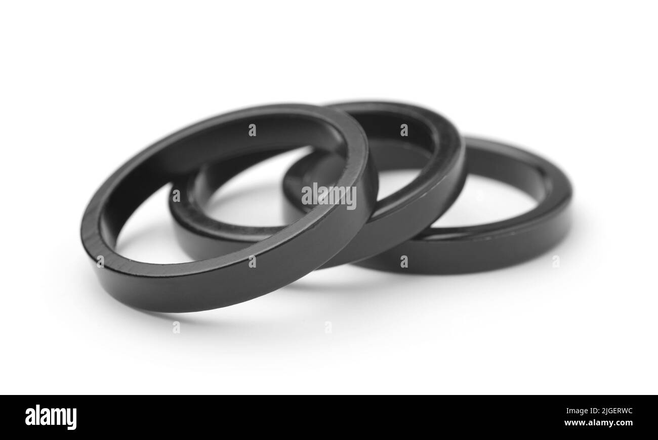 Set of black spacer aluminum handlebar rings isolated on white Stock