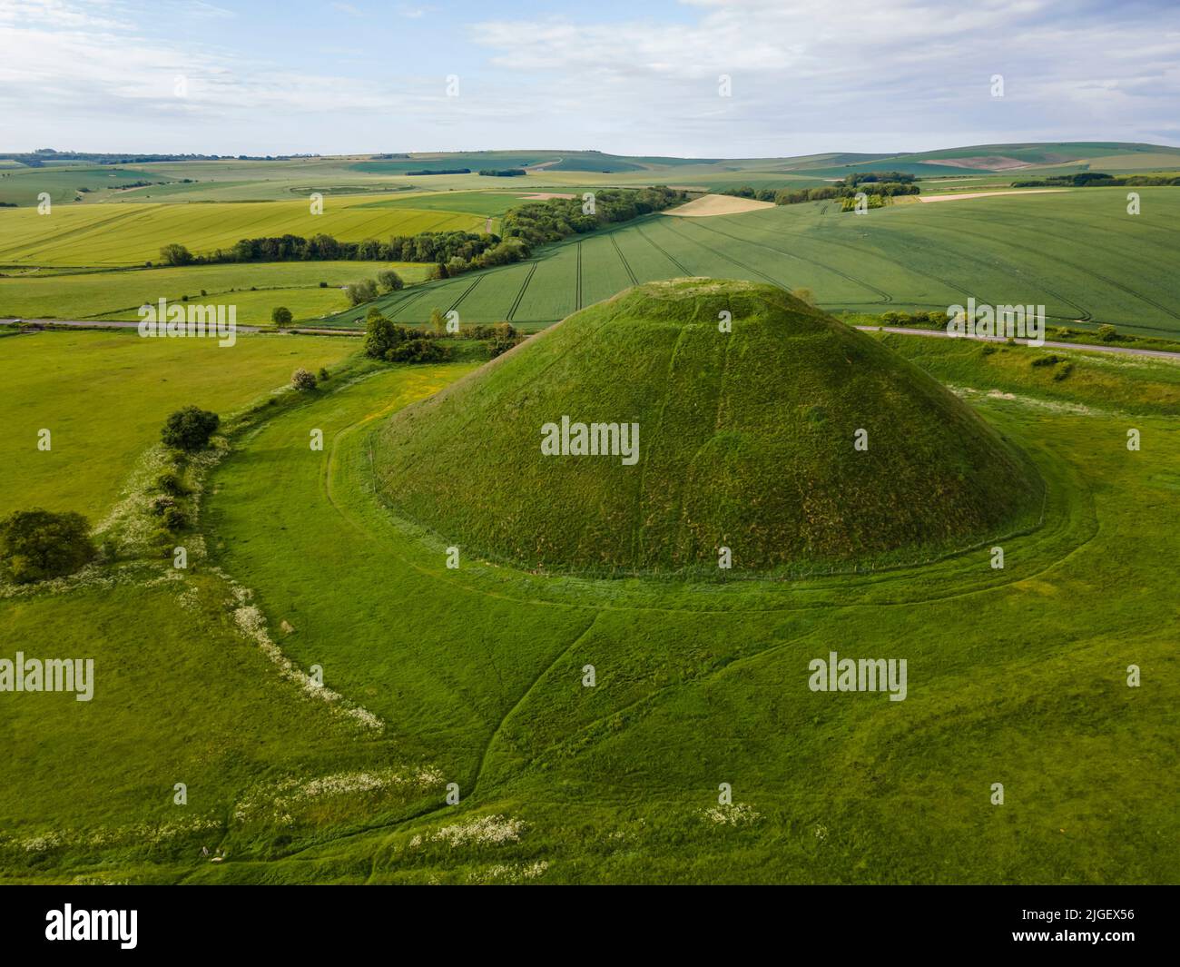 Silbury Hill in Wiltshire, taken by a drone. Stock Photo