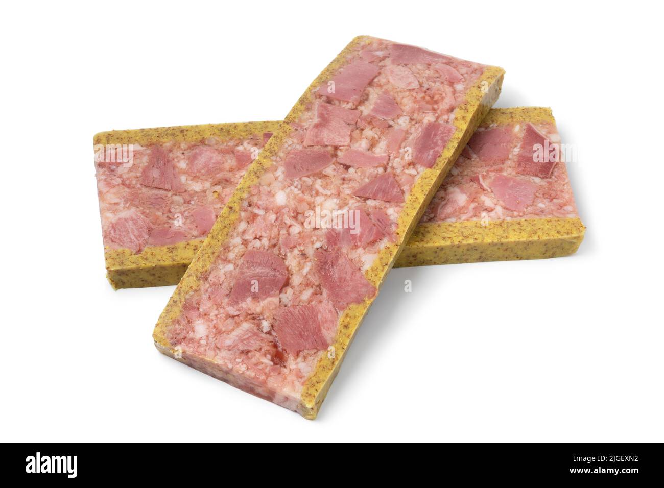 Two slices of traditional Belgian brawn, head cheese, with mustard isolated on white background Stock Photo