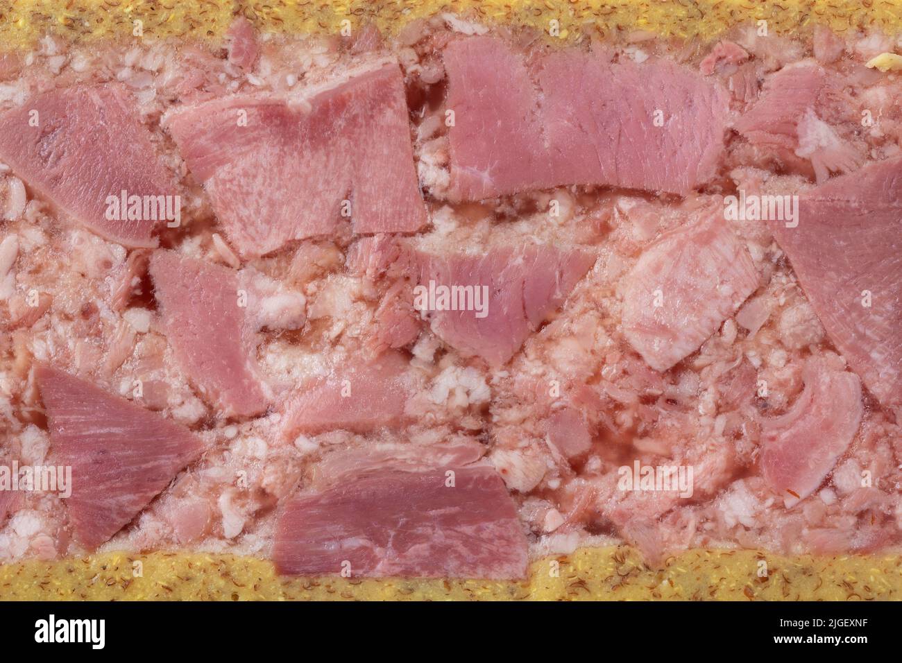 Traditional Belgian brawn, head cheese,  mustard close up full frame as background Stock Photo