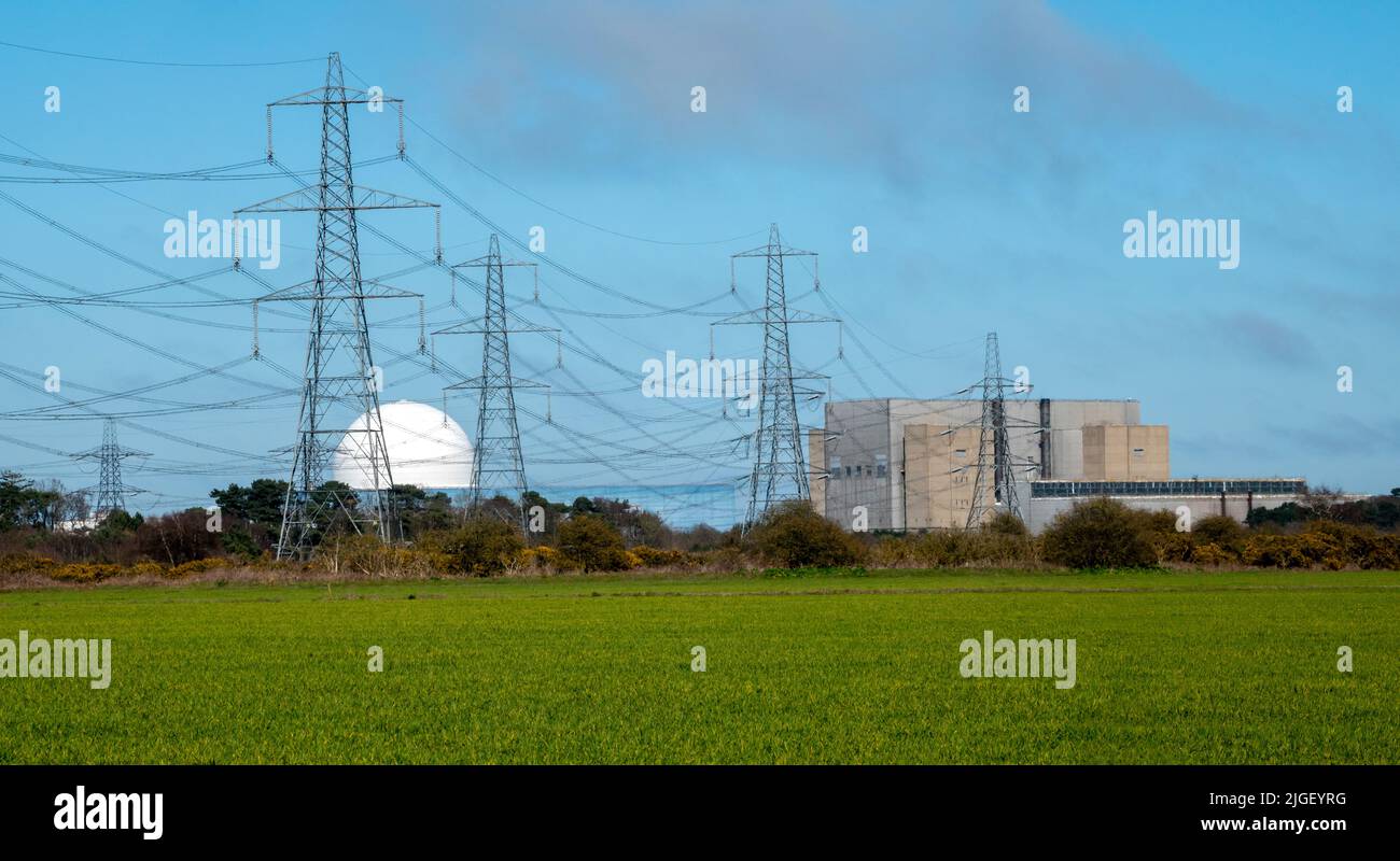 Sizewell Nuclear Power Stations in the far distance with green fields in the foreground with many power lines Stock Photo