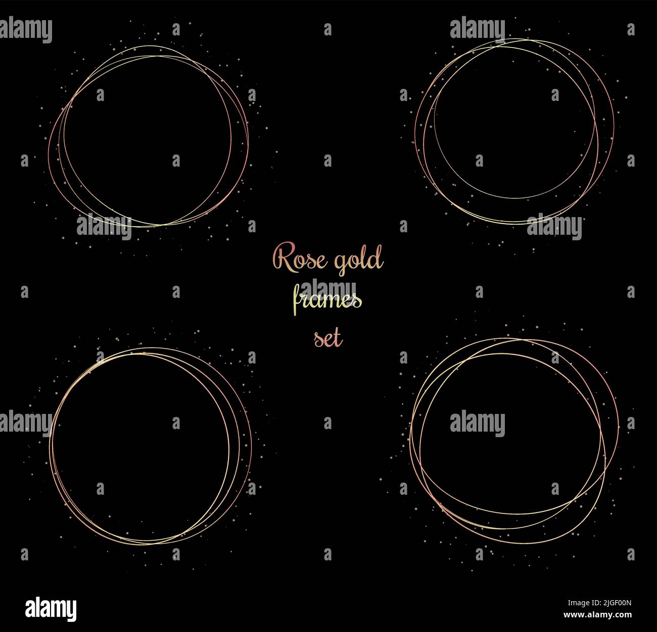 Hand drawn rose gold circular frames set, isolated on black. Metallic decorative elements with sparkles. Stock Vector