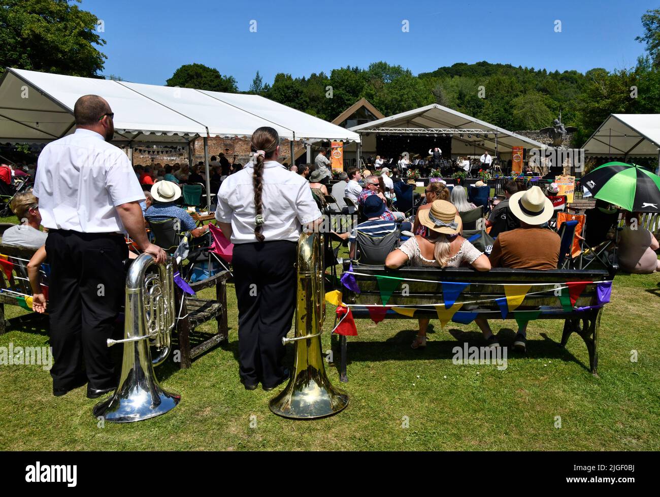 Ironbridge Gorge, Shropshire, Uk.July 10th 2022. Ironbridge Gorge Brass Band Festival 2022. Spectators and musicians enjoying glorious summer weather and a free mucic festival in the grounds of the museum of iron. Credit: Dave Bagnall /Alamy Live News Stock Photo