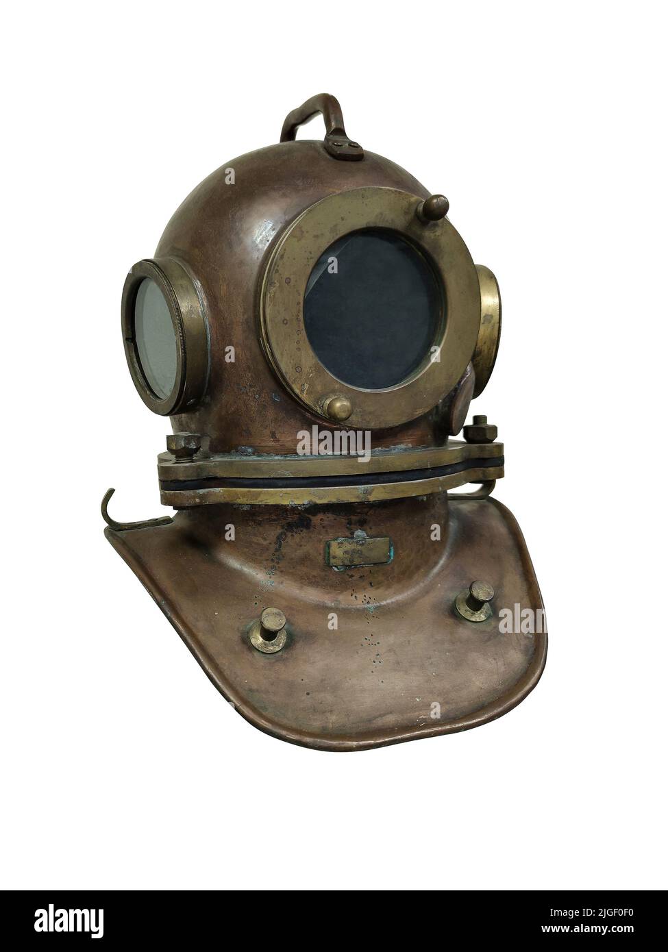 Vintage brass diving helmet. Part of a diving suit. Isolate on a white background. Stock Photo