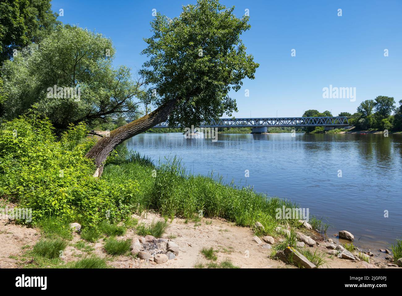 Narew River with bridge between Modlin and Nowy Dwor Mazowiecki in Masovia, Poland. Stock Photo