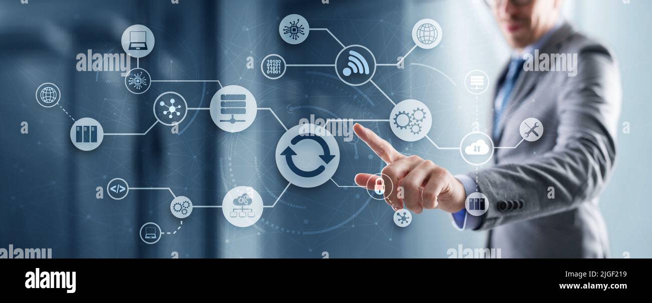 Man clicks on the Update icon. Upgrading concept Stock Photo