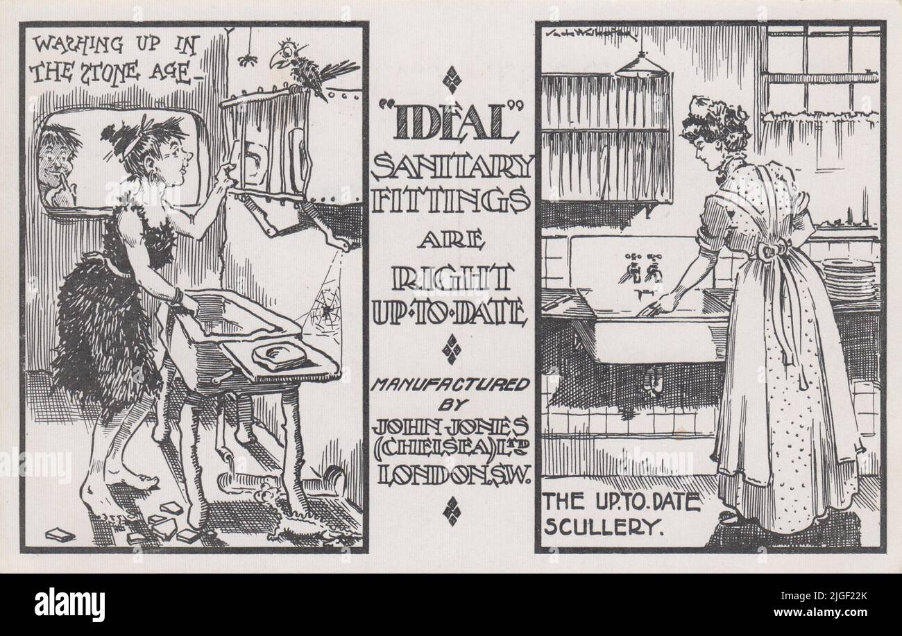 'Ideal sanitary fittings are right up-to-date': early 20th century advertisement for kitchen fittings manufactured by John Jones (Chelsea) Ltd., London. It shows two contrasting pictures - 'Washing up in the stone age' (with a 'stone age' woman washing up in a dilapidated, rustic looking sink whilst a man looks on) and 'The up to date scullery' (a maid in uniform washing up in a modern Edwardian sink unit) Stock Photo