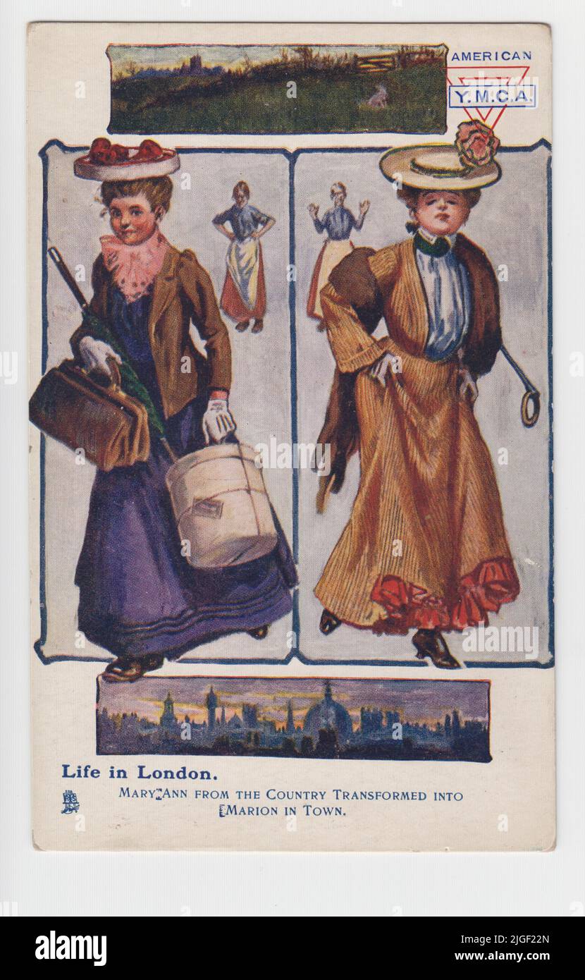 'Life in London. Mary Ann from the country transformed into Marion in town'. Early 20th century postcard published by the American Young Men's Christian Association (YWCA). It shows contrasting pictures of a working class woman leaving the country (with baggage) and putting on 'airs and graces' in the big city. Views of a rural village and the London skyline are at the top and bottom of the card Stock Photo