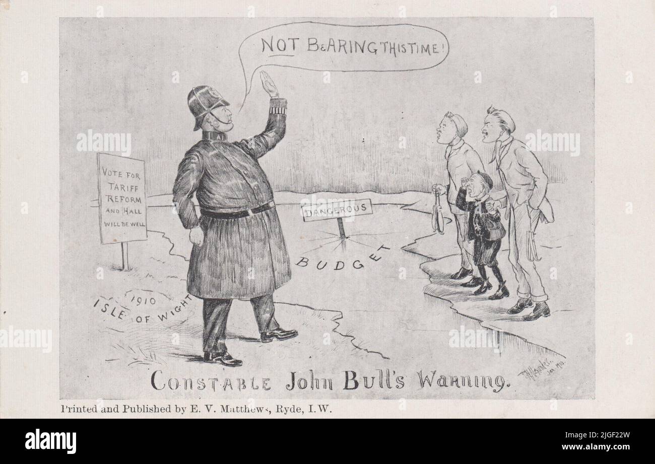 January 1910 general election, Isle of Wight. Cartoon in favour of the Conservative Party candidate Sir Douglas Bernard Hall and the economic policy of tariff reform or protectionism, & against the Liberal Party candidate Sir Godfrey Baring. It shows 'Constable John Bull's warning' as he prevents the Liberals from crossing over to the Isle of Wight. A sign with the message 'Vote for Tariff Reform & Hall will be well' is on the island and the (frozen) Solent has been renamed the Budget & has a 'dangerous' sign stuck in it. The cartoon was published as a postcard by E.V. Matthews, Ryde Stock Photo