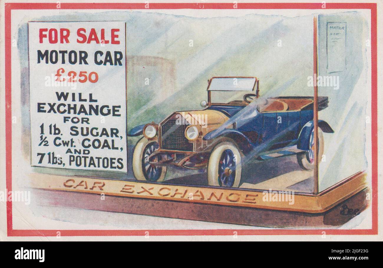 'For sale motor car £250. Will exchange for 1lb sugar, 1/2 cwt coal & 7lbs potatoes': First World War cartoon showing an early motor car in a 'car exchange', with a sign referring to the high cost of living, in particular the prices of food and fuel Stock Photo
