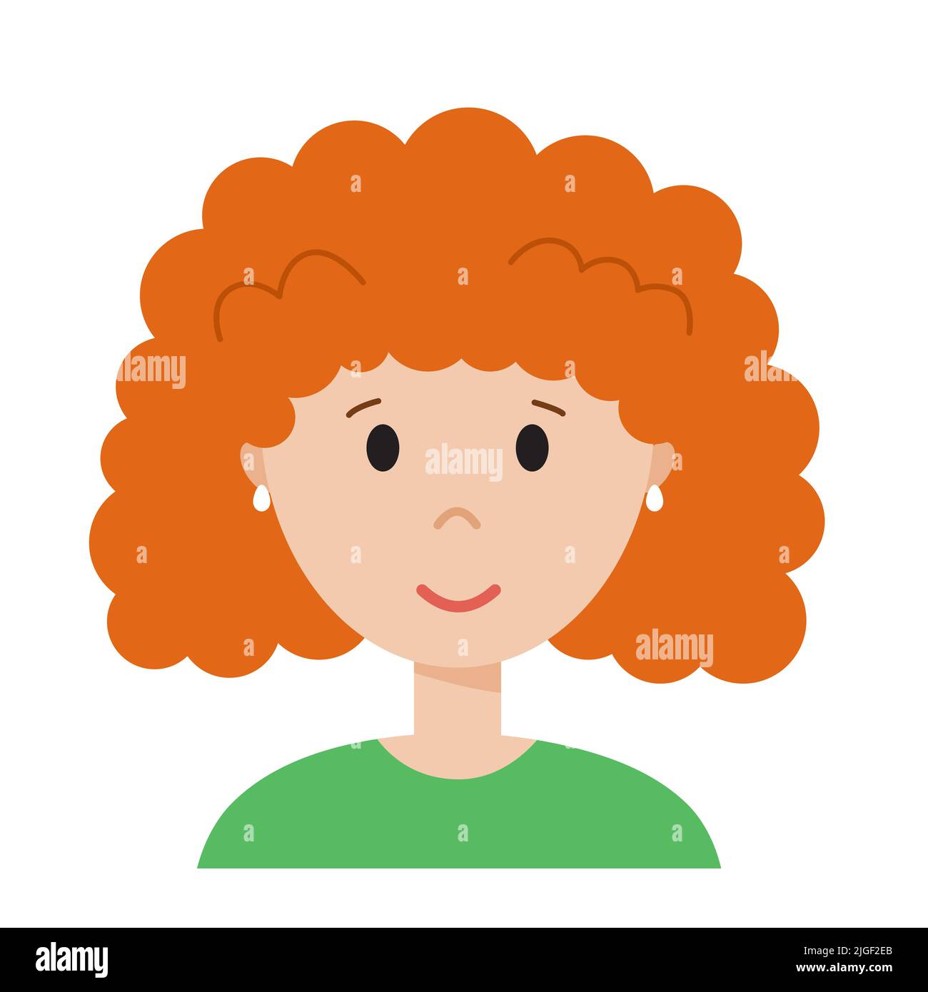 Funny cartoon woman face, cute avatar or portrait. Girl with orange curly hair. Young character for web in flat style. Print for sticker, emoji, icon Stock Vector