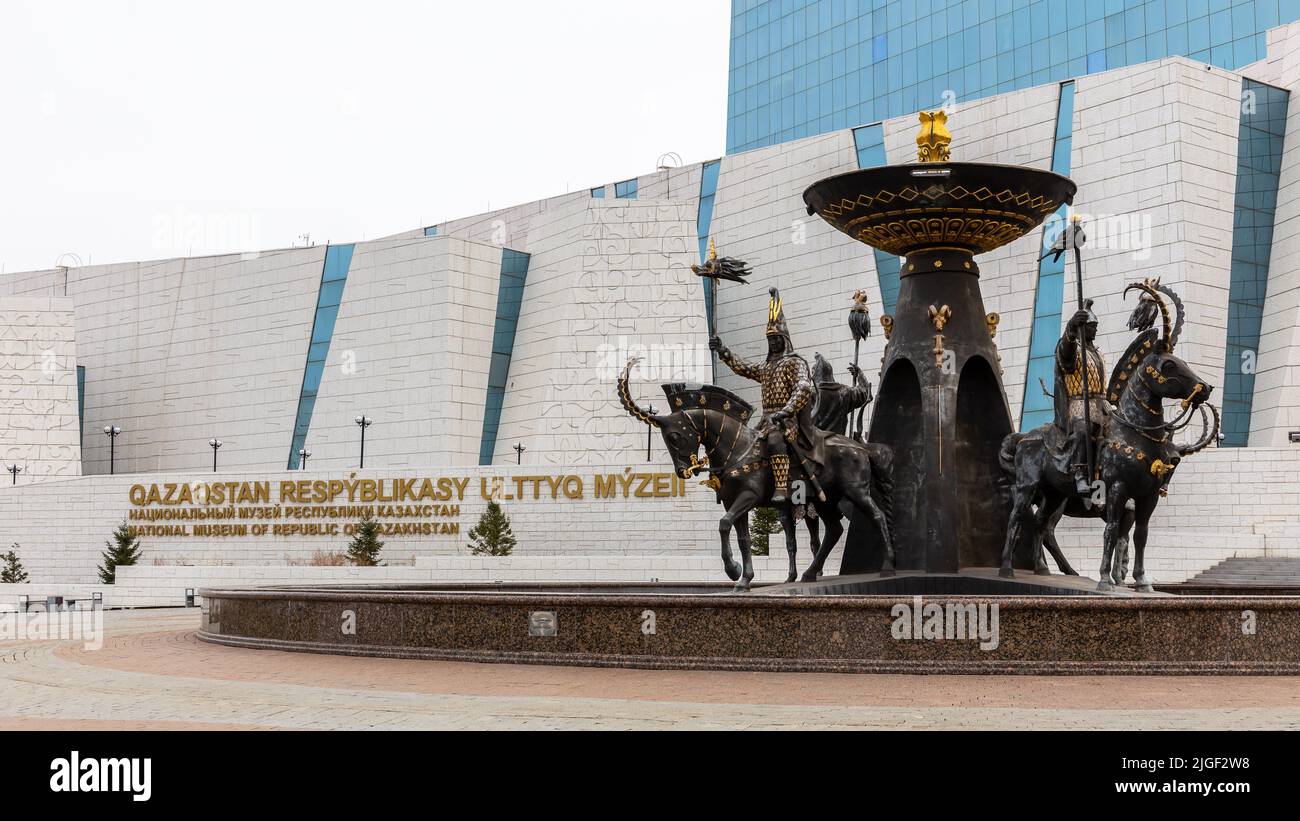 Nur Sultan (Astana), Kazakhstan, 11.11.21. Saka Warriors fountain in front of the National Museum of the Republic of Kazakhstan. Stock Photo