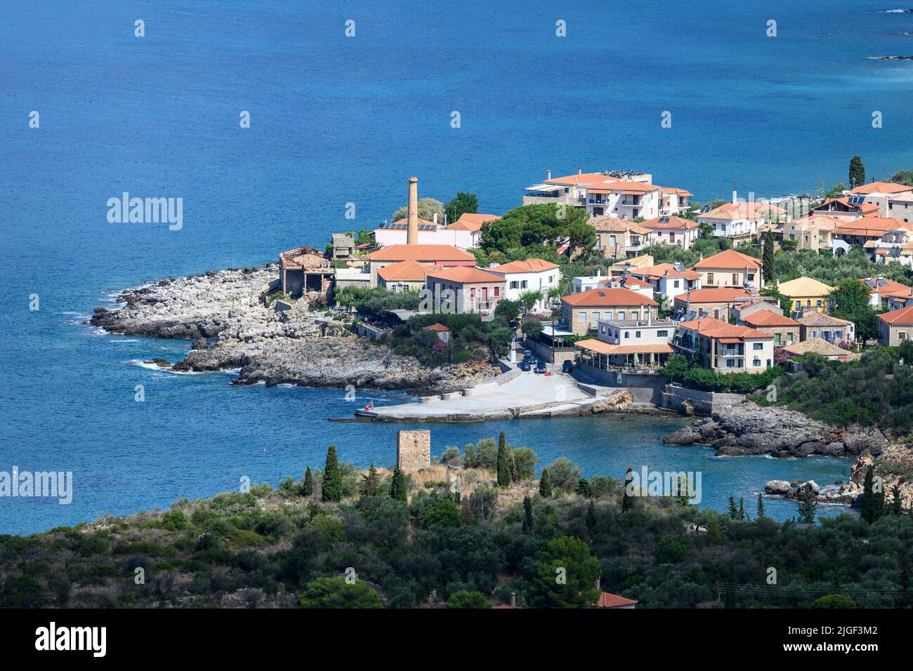 Looking down on the coastal village of Kardamyli in the outer Mani, Southern Peloponnese, Messinia, Greece. Stock Photo