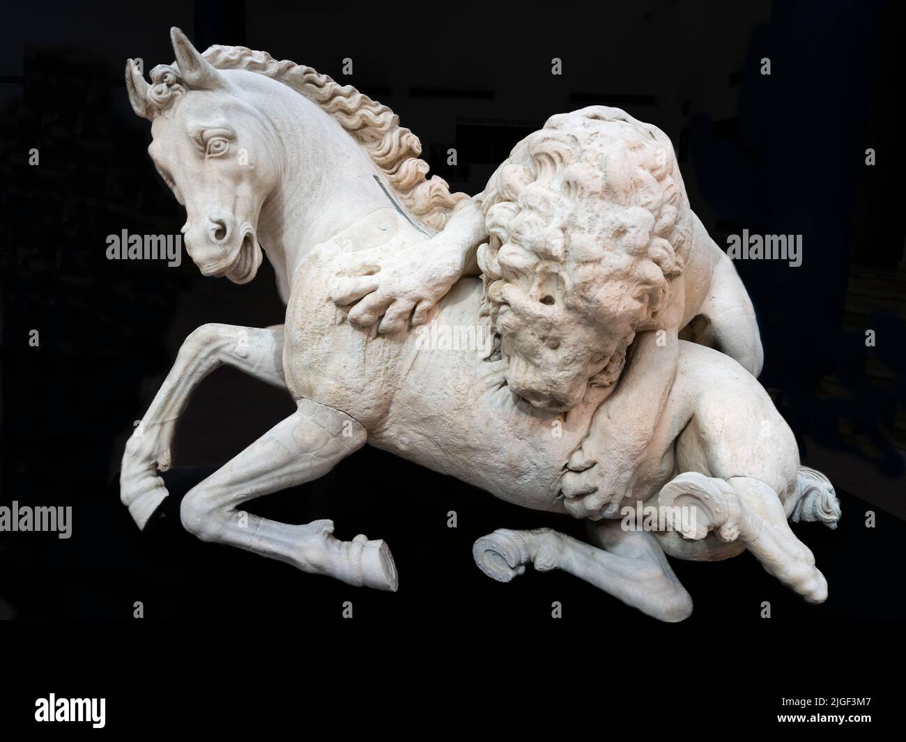 A horse being attacked by a lion,  Greek sculpture circa 325 - 300 BC. Restored in 1594 by Ruggero Bascape. In the Capitoline Museum, Rome, Italy. Stock Photo