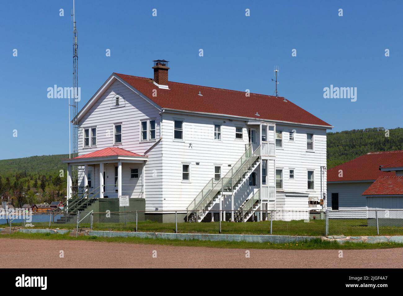 1928 Station House of the Department of Homeland Security U.S. Coast Great Lakes Guard Station on Lake Superior at Grand Marais, Minnesota. Stock Photo