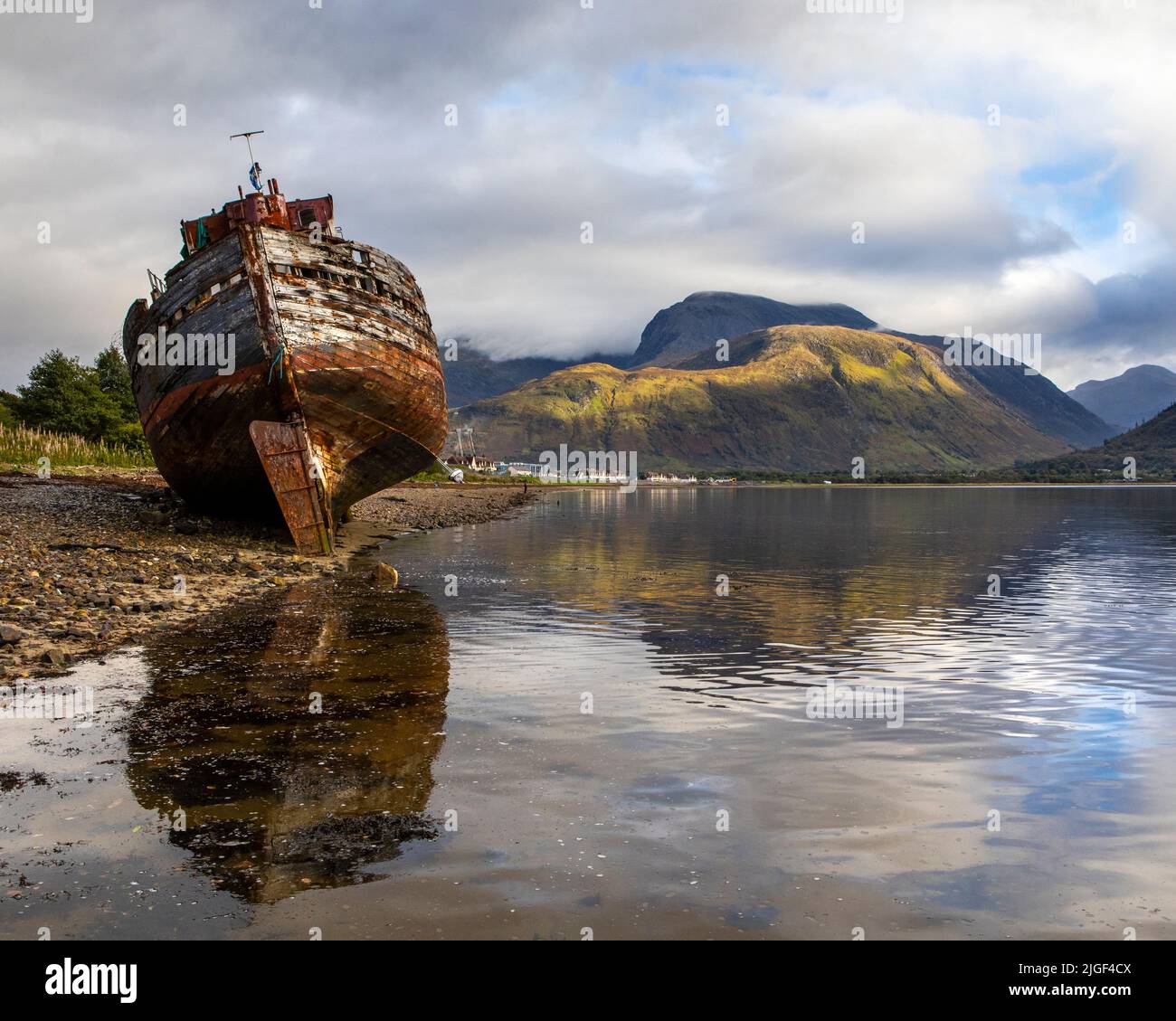 The shipwrecked Old Boat of Caol with Ben Nevis in the distance, in the