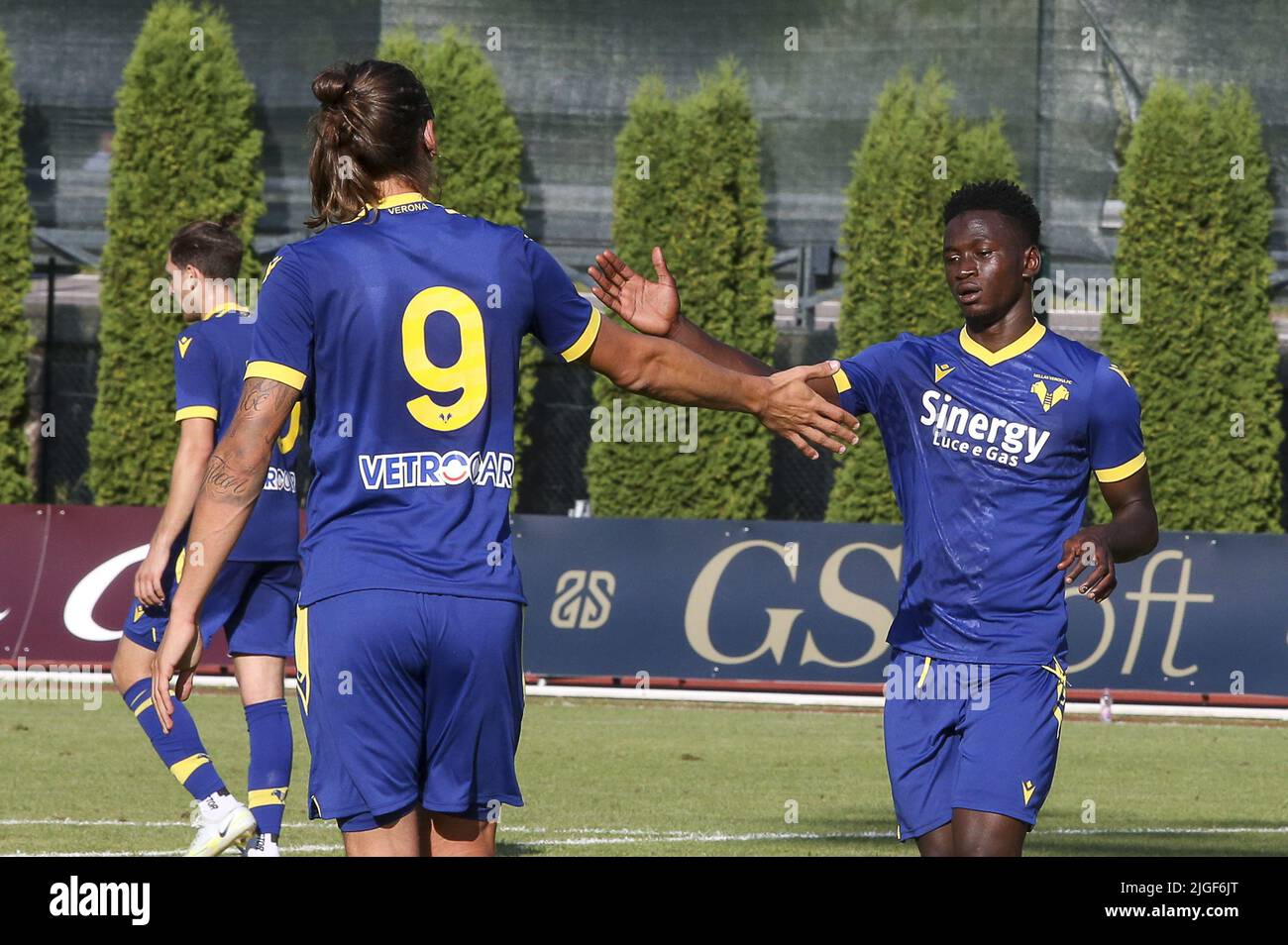 Milan Djuric of Hellas Verona FC and Ibrahim Sulemana of Hellas Verona FC change five during Hellas Verona vs US Primiero, 1° frendly match pre-season Stock Photo