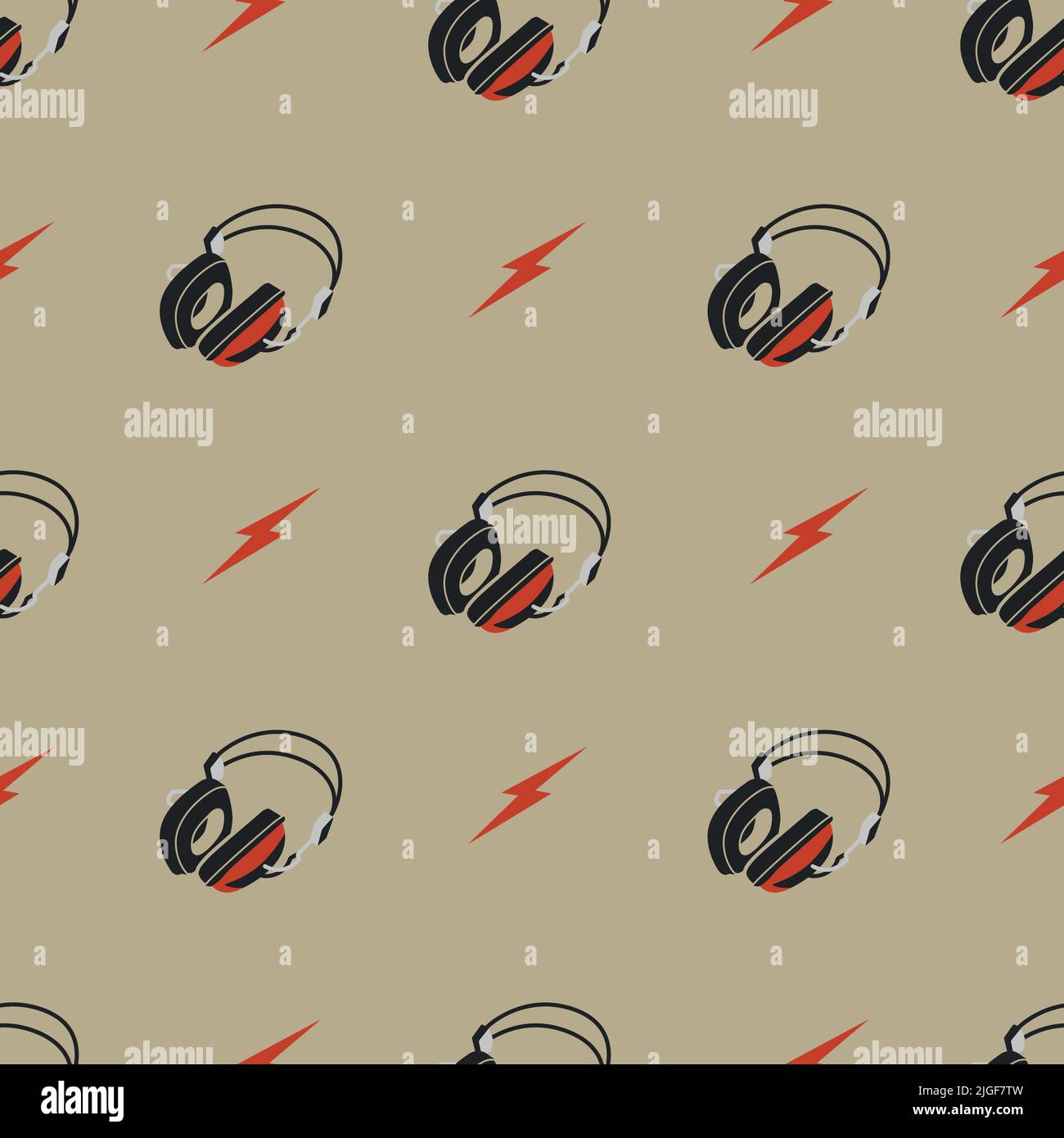 Rock and Roll with Headphones and Thunderbolts pattern Stock Vector