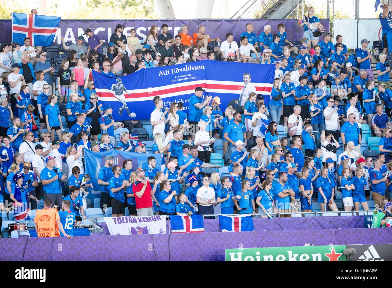 Manchester, UK. 10th July, 2022. Manchester, England, July 10th 2022: Iceland fans raise a banner to Atli Edvaldsson during the UEFA Womens Euro 2022 group D football match between Belgium and Iceland at Manchester City Academy Stadium in Manchester, England. (Liam Asman /Womens Football Magazine /SPP) Credit: SPP Sport Press Photo. /Alamy Live News Stock Photo