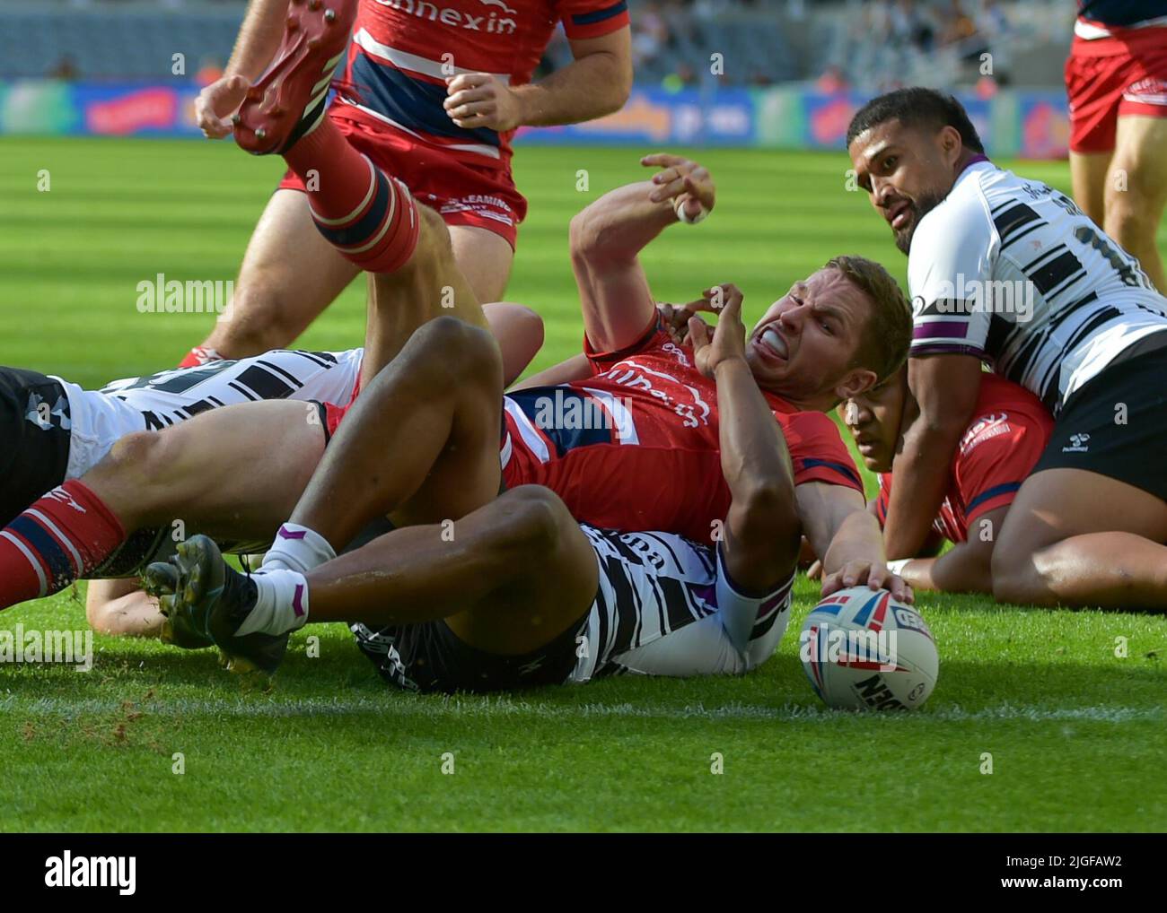 Newcastle, UK. 10th July, 2022. Matt Parcell of Hull KR scores a try  Hull KR v Hull FC  Event: Magic Weekend 2022 Venue: St James Park, Newcastle, UK Date: 10th July 2022 Credit: Craig Cresswell/Alamy Live News Stock Photo