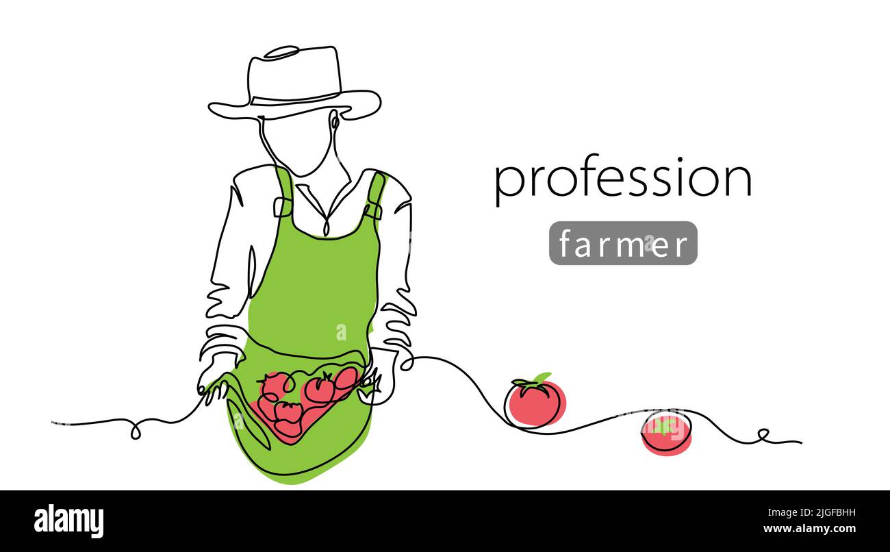 Farmer fresh vegetables concept. Tomatoes in the hem of the apron. Vector background, banner, poster. One continuous line art drawing illustration of Stock Vector