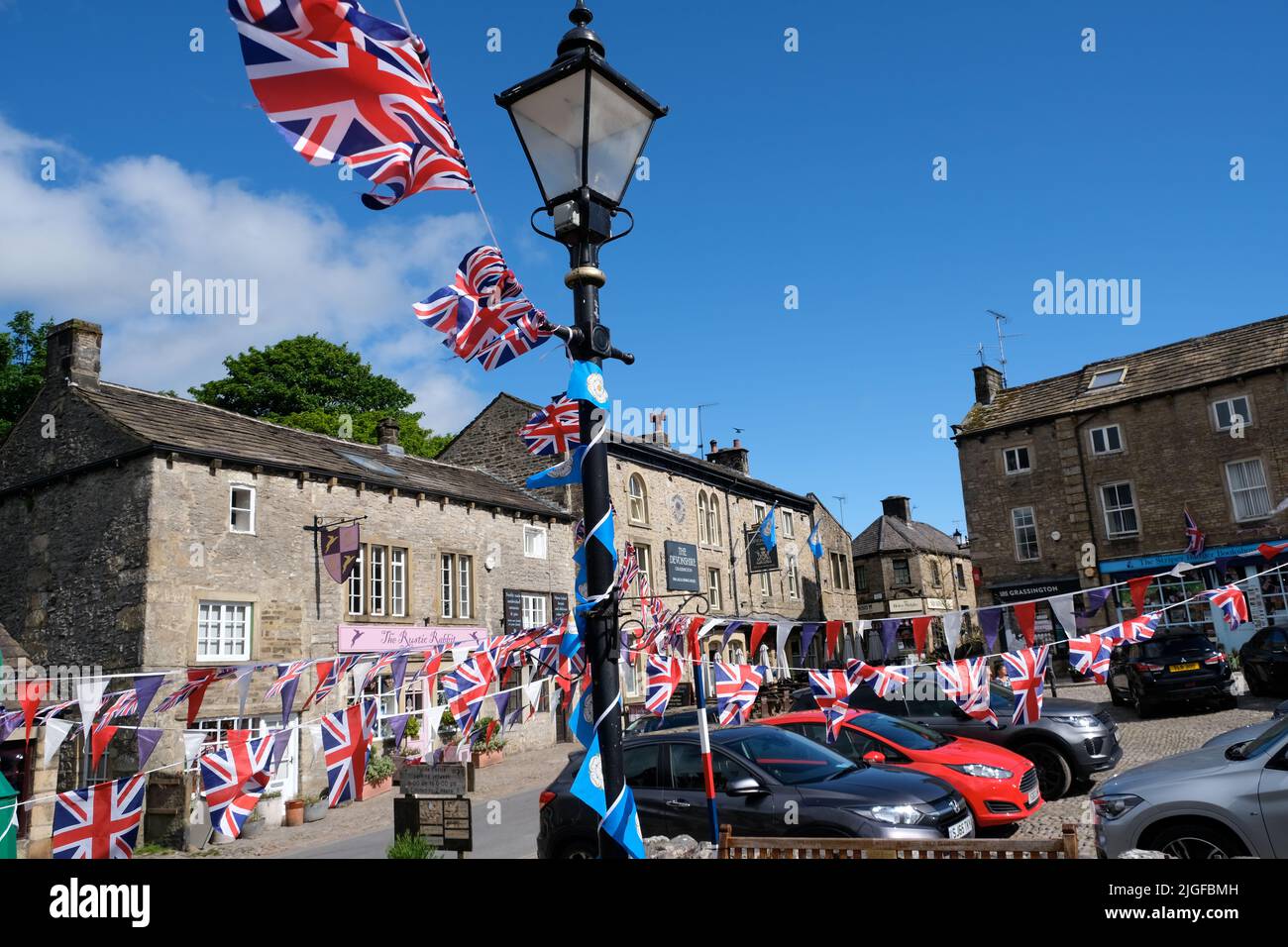 Union Jacks flying in Grassington Stock Photo Alamy