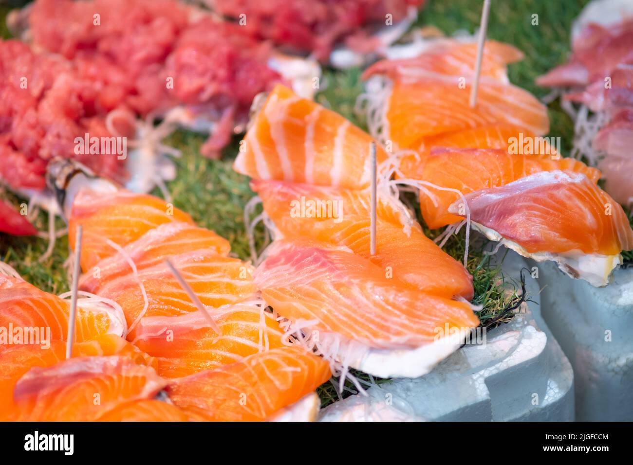 Fresh Sashimi for sale in Tsukiji market. Tsukiji market is most famous fish market in Tokyo, Japan. Stock Photo