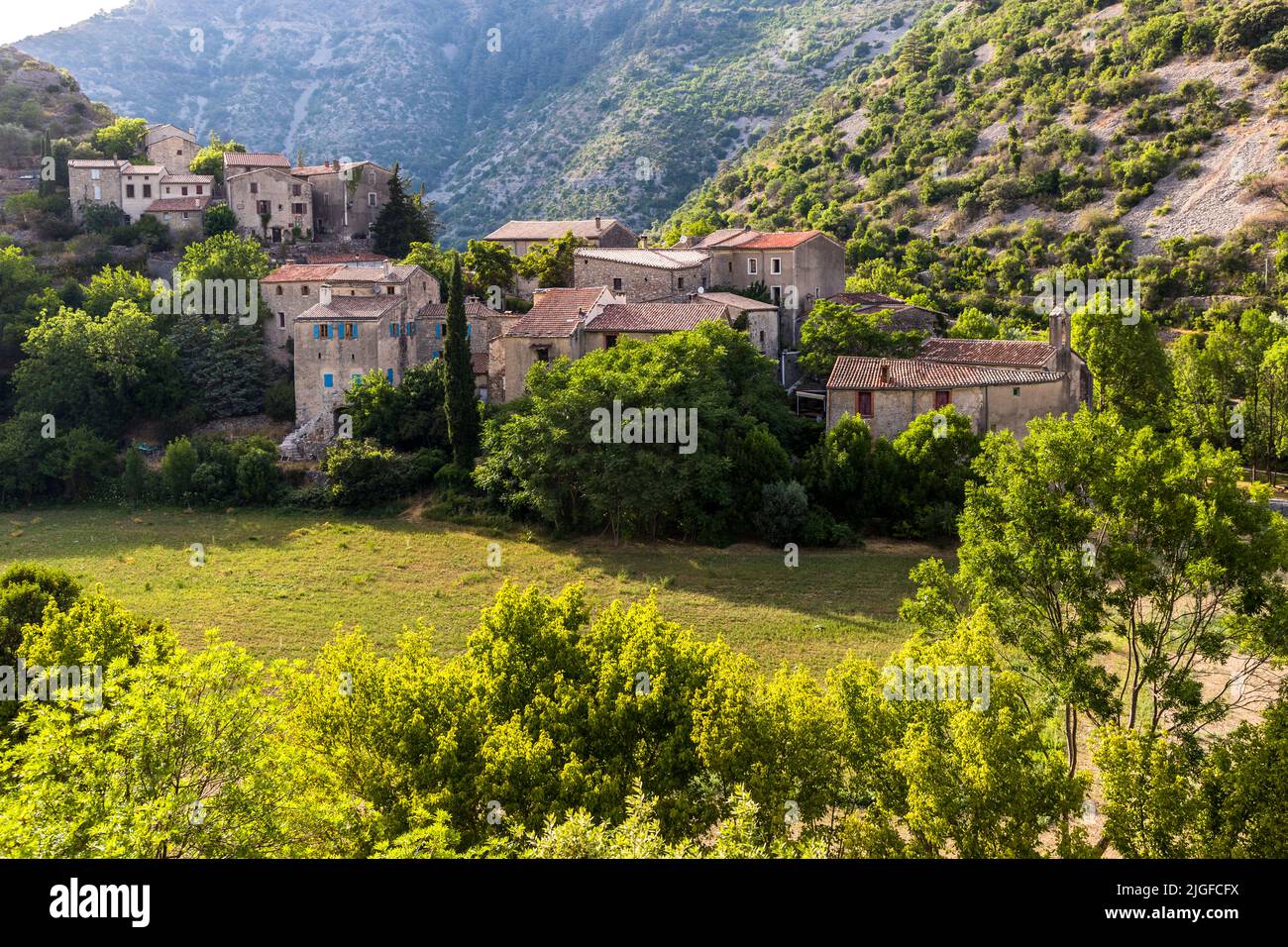 Only a few inhabitants still live in Navacelles, Lodève, France. The place is a tourist starting point for hiking in the UNESCO World Heritage Cirque-de-Navacelles Stock Photo