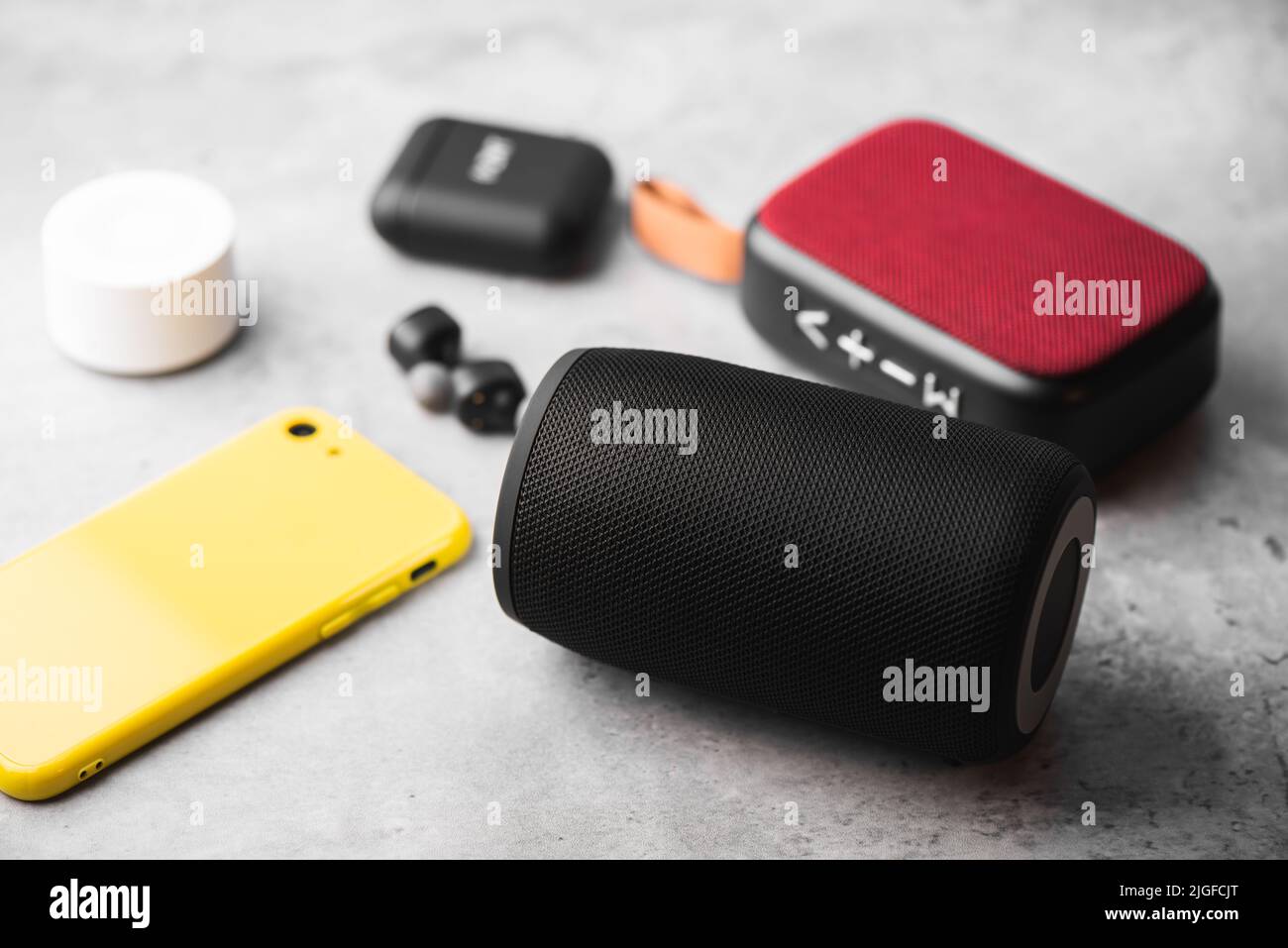 relaxing concept, close up wireless portable speaker for music listening. Stock Photo