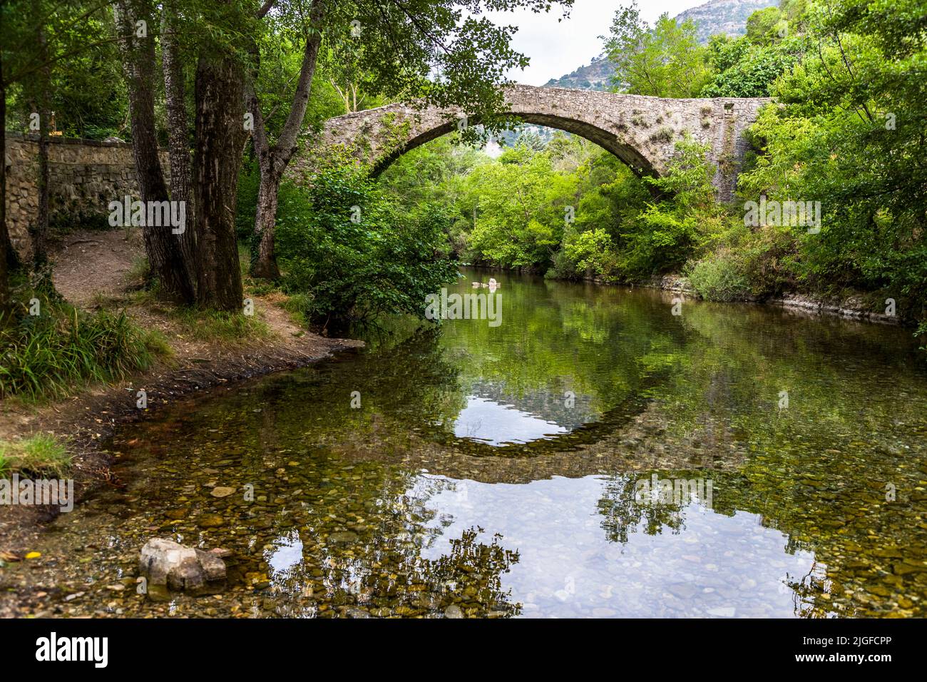 Stone arch bridge over the Vis River at Navacelles, Lodève, France Stock Photo