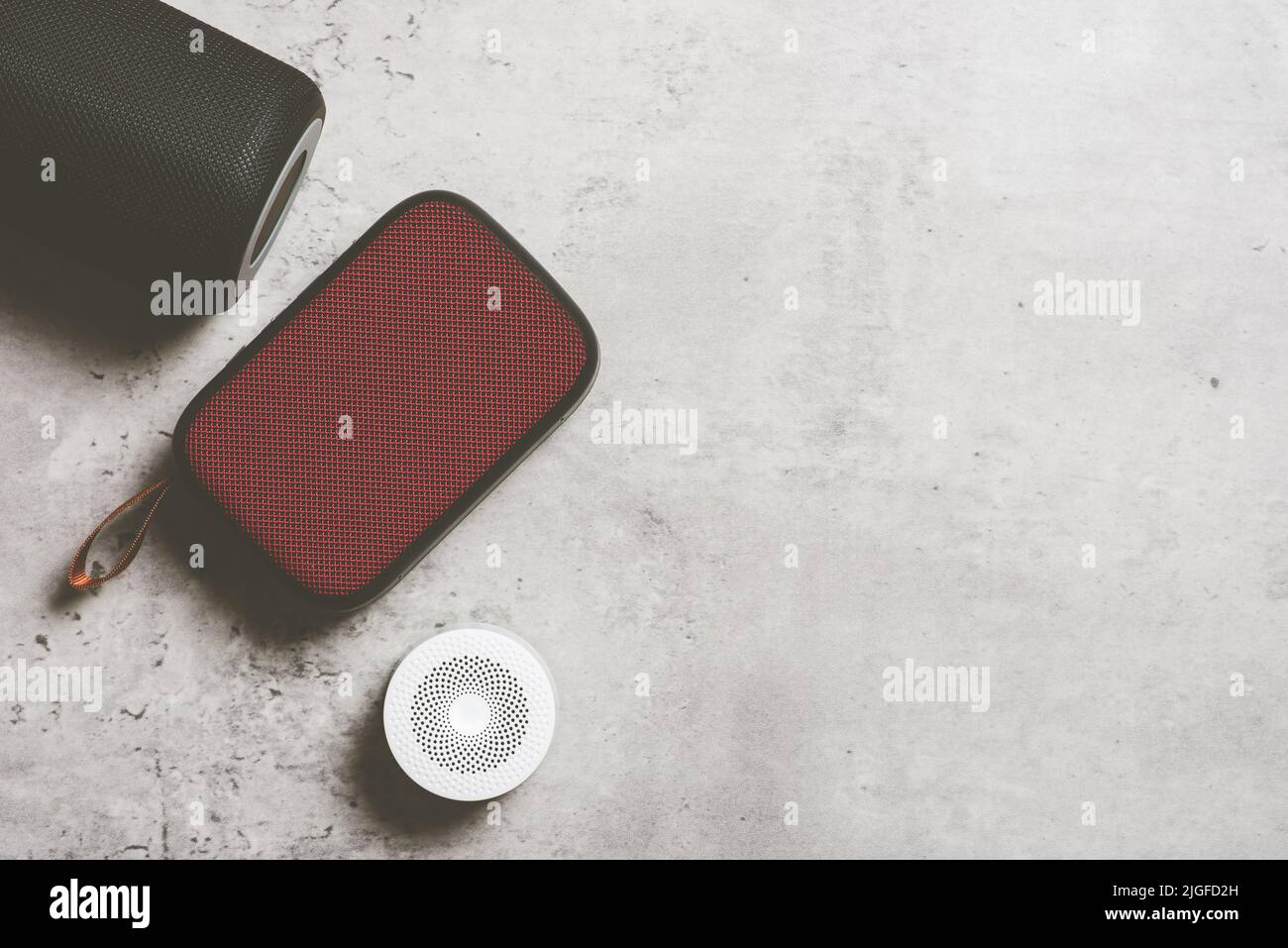 relaxing concept, close up wireless portable speaker for music listening. Stock Photo