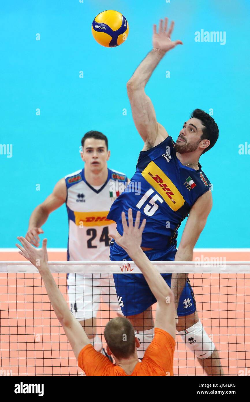 Gdansk, Poland. 10th July, 2022. Daniele Lavia (R) of Italy during the 2022 men's FIVB Volleyball Nations League match between Italy and the Netherlands in Credit: PAP/Alamy Live News Stock Photo