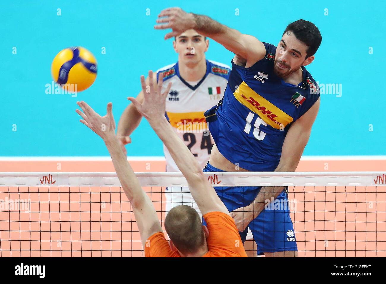 Gdansk, Poland. 10th July, 2022. Daniele Lavia (R) of Italy during the 2022 men's FIVB Volleyball Nations League match between Italy and the Netherlands in Credit: PAP/Alamy Live News Stock Photo