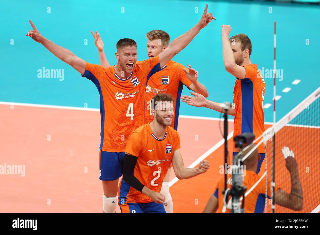 Gdansk, Poland. 10th July, 2022. Players of the Nederlands react during the 2022 men's FIVB Volleyball Nations League match between Italy and the Netherlands in Gdansk, Poland, 10 July 2022. Credit: PAP/Alamy Live News Stock Photo