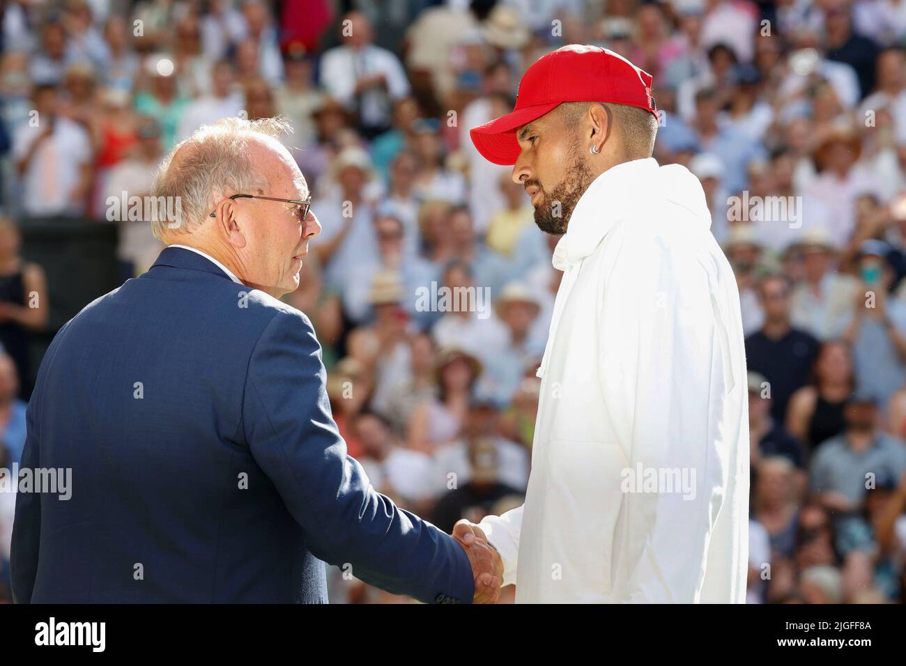Wimbledon,Great Britain 10th. July, 2022. LTA chairman David Rawlinson and Runner up Nick Kyrgios (AUS) during the presentation at the Wimbledon 2022  Championships on Sunday 10 July 2022.,  © Juergen Hasenkopf / Alamy Live News Stock Photo