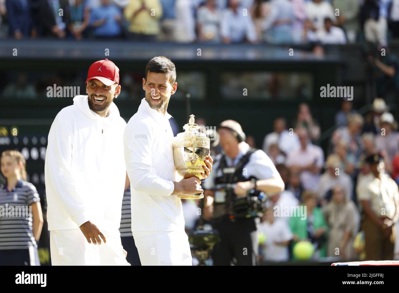 Wimbledon,Great Britain 10th. July, 2022. Champion Novak Djokovic and runner-up Nick Kyrgios during the presentation at the Wimbledon 2022  Championships on Sunday 10 July 2022.,  © Juergen Hasenkopf / Alamy Live News Stock Photo