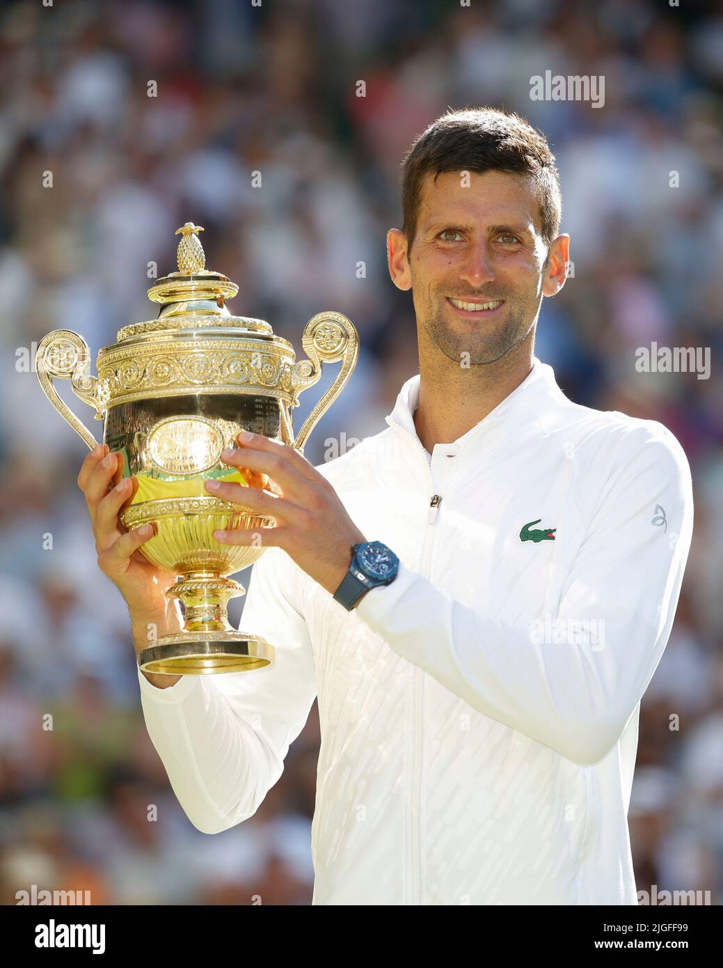 Wimbledon,Great Britain 10th. July, 2022. Champion Novak Djokovic with the trophy during the presentation at the Wimbledon 2022  Championships on Sunday 10 July 2022.,  © Juergen Hasenkopf / Alamy Live News Stock Photo