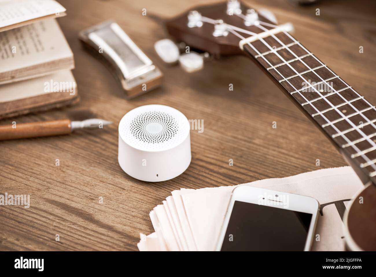mini wireless portable speaker for music listening. Stock Photo