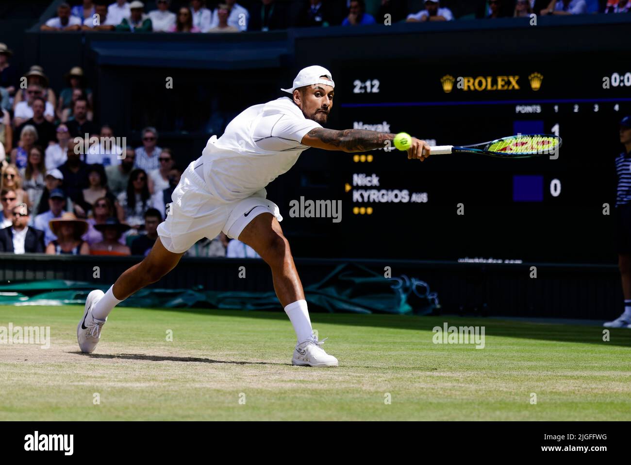 London, UK, 10th July 2022: Nick Kyrgios from Australia is in action during the men´s final at the 2022 Wimbledon Championships at the All England Lawn Tennis and Croquet Club in London. Credit: Frank Molter/Alamy Live news Stock Photo