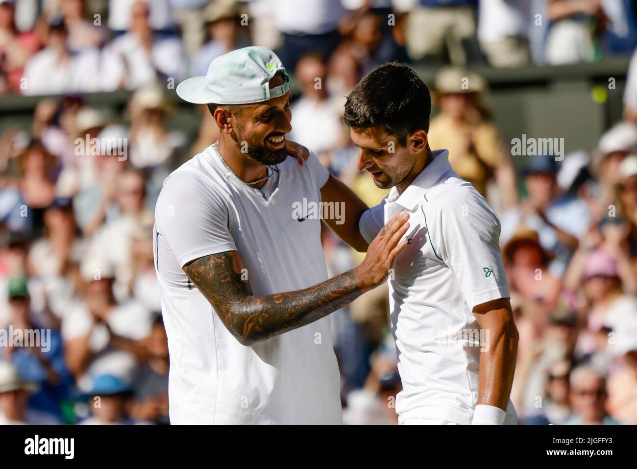 London, UK, 10th July 2022: Novak Djokovic and Nick Kyrgios after the men´s final at the 2022 Wimbledon Championships at the All England Lawn Tennis and Croquet Club in London. Credit: Frank Molter/Alamy Live news Stock Photo