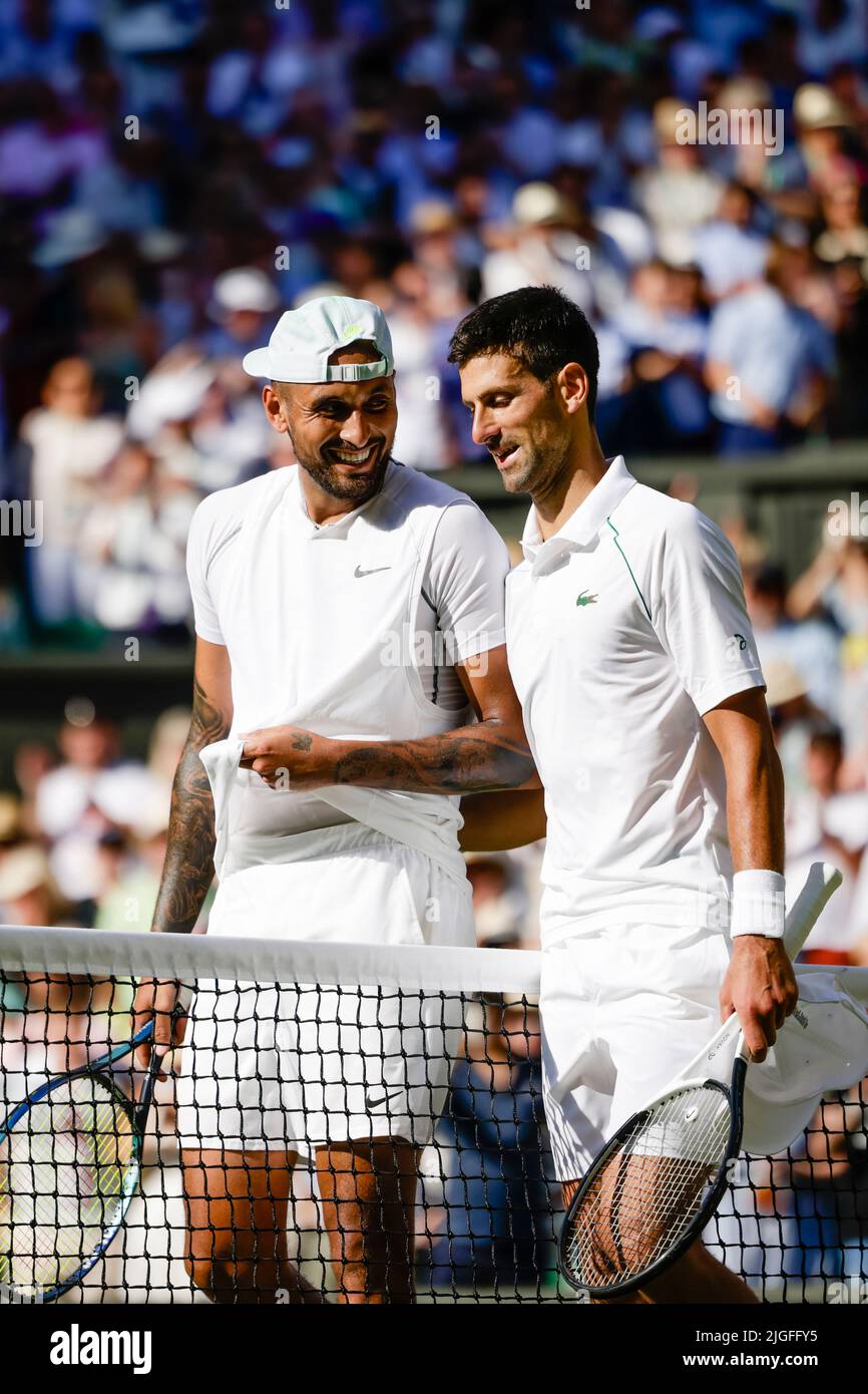 London, UK, 10th July 2022: Novak Djokovic and Nick Kyrgios after the men´s final at the 2022 Wimbledon Championships at the All England Lawn Tennis and Croquet Club in London. Credit: Frank Molter/Alamy Live news Stock Photo