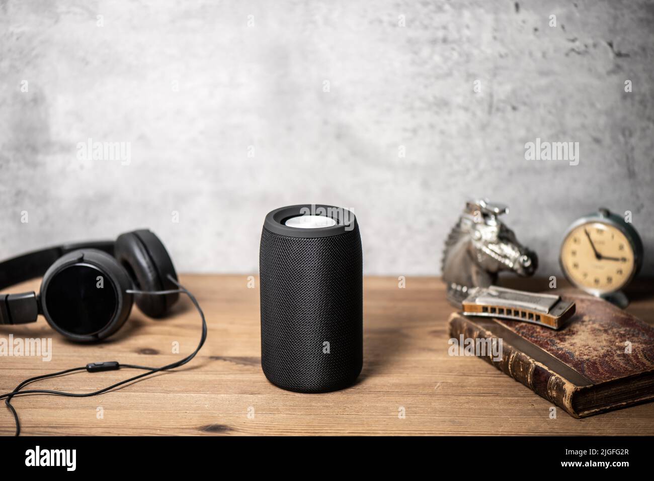 mini wireless portable speaker for music listening. Stock Photo
