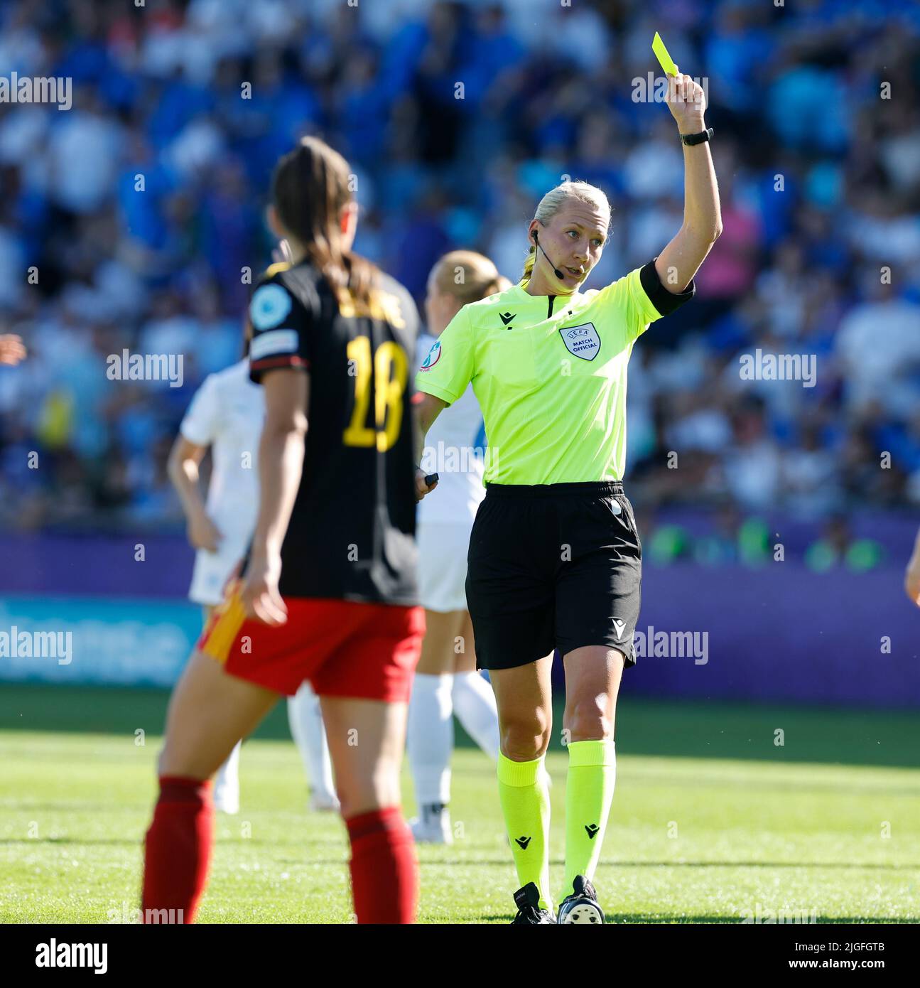 Manchester City Academy, Manchester, UK. 10th July, 2022. Womens European International football, Belgium versus Iceland: Referee Tess Olofsson yellow cards Davina Philtjens of Belgium and awards Iceland a penalty after a VAR review which Iceland went on to miss Credit: Action Plus Sports/Alamy Live News Stock Photo
