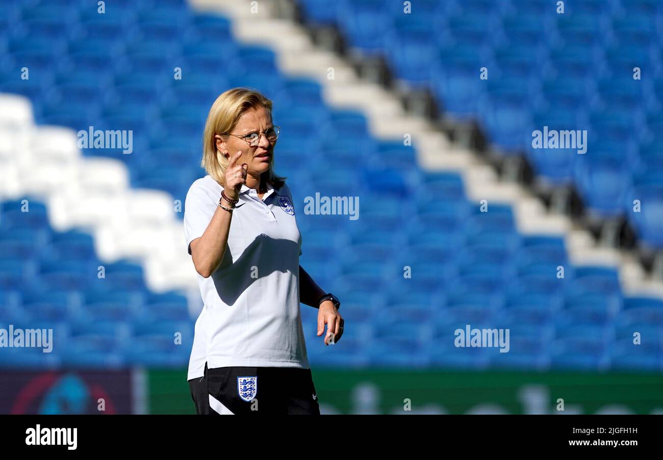 England Manager Sarina Wiegman on the pitch during stadium familiarisation at the AMEX Stadium, Brighton. Picture date: Sunday July 10, 2022. Stock Photo